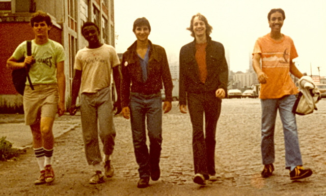 Steve, Kevin, Phil, Kier, and Bruce walk the Boston streets, 7/2/81