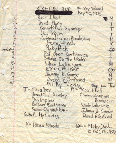 Ex-Calibre set list for May 30, 1975 concert at Key School. Note two spellings of band name.
